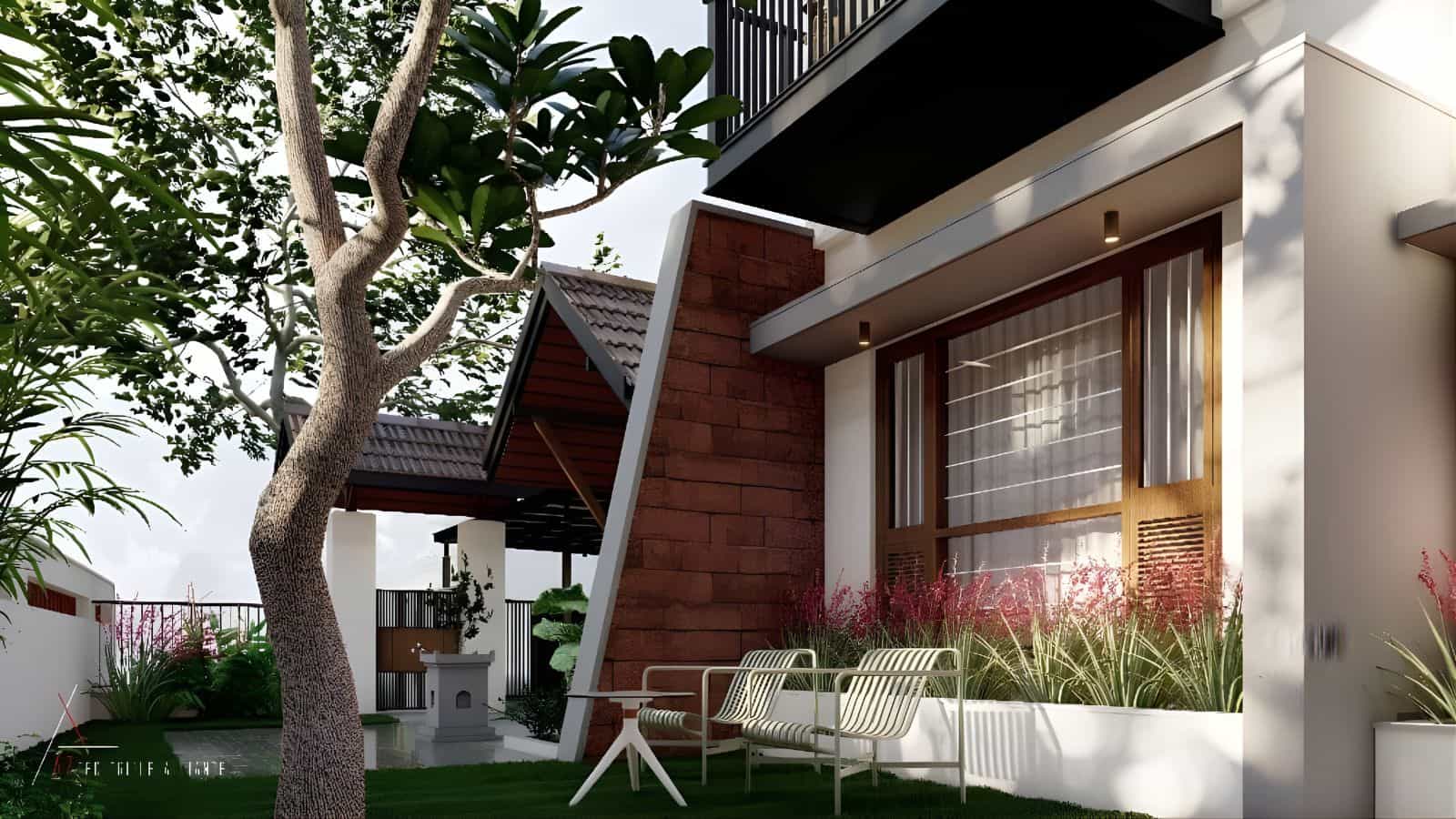 Modern outdoor seating area with two white chairs and a small table on a green lawn next to a building with large windows and plants.