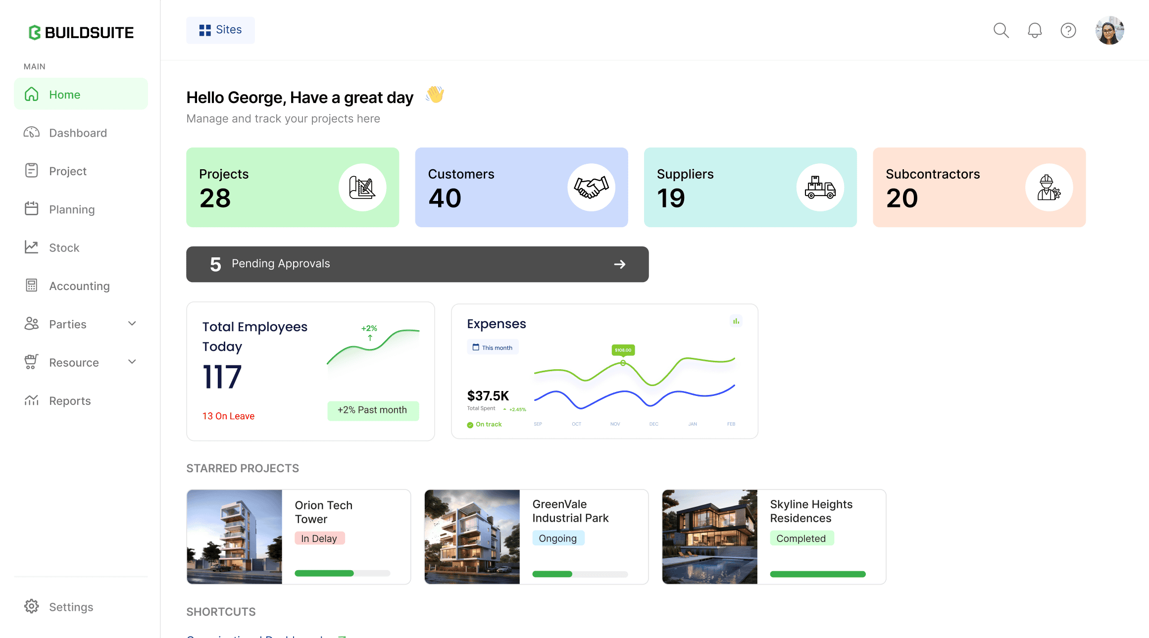 Buildsuite dashboard showing project and customer stats, employee and expense charts, and starred projects with status labels.