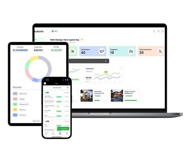 Laptop, tablet, and smartphone displaying a business dashboard with income, expenses, profits, customer and supplier data, and project status.