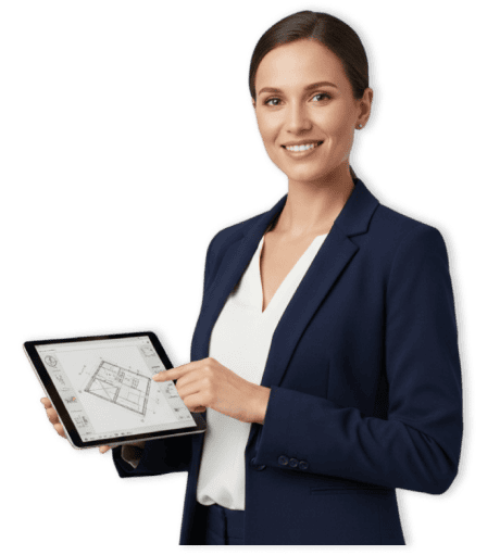 Smiling businesswoman in navy blazer pointing to architectural floor plan on a tablet.