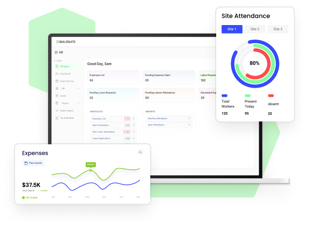 Laptop screen showing HR dashboard with employee data, site attendance circular chart indicating 80% attendance, and expenses line graph with $37.5K total spent.