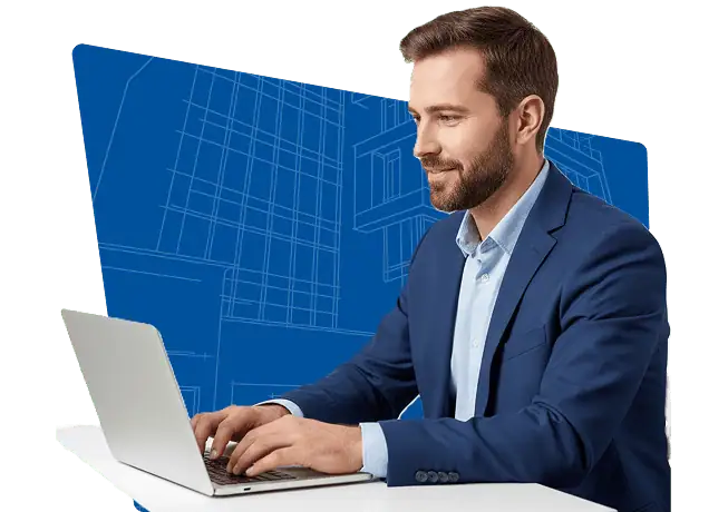 Man in a blue suit typing on a laptop with a blue architectural blueprint background.
