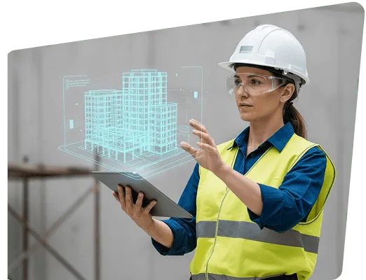  A woman in a safety vest holds a tablet displaying a digital image of a building, focused on her work.