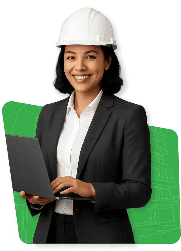  A woman wearing a hard hat holds a laptop, symbolizing her role in a construction