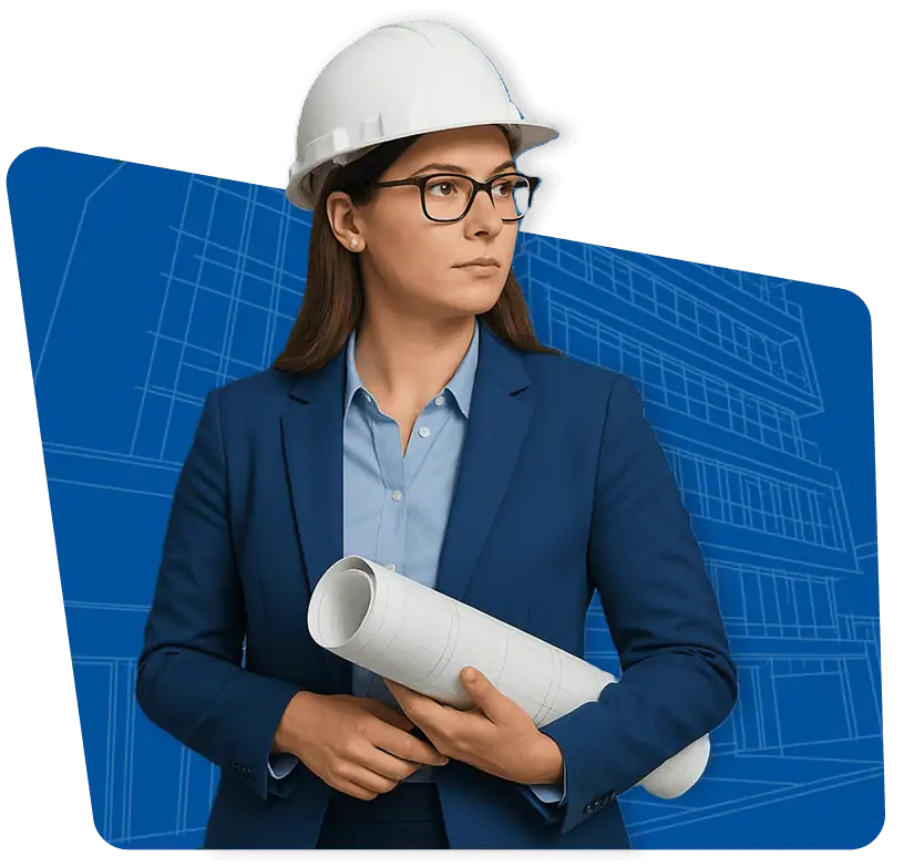 A woman with glasses and a hard hat, holding a blueprint, ready to discuss plans on a construction site.