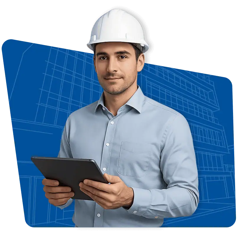 A construction worker in a hard hat uses a tablet computer.