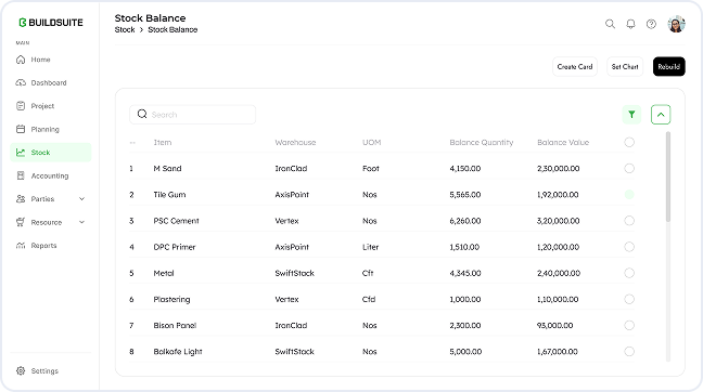 BuildSuite Stock Balance page showing a table with item names, warehouses, units of measure, balance quantities, and balance values.